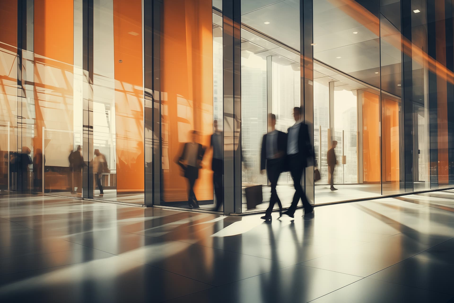 Kuvassa on moderni, valoisa toimistoympäristö, jossa näkyy useita liikkuvia ihmishahmoja – todennäköisesti liikemiehiä tai -naisia. Heidän liikkeensä ovat hieman sumeita, mikä tuo kuvaan vauhdin ja toimeliaisuuden tuntua.